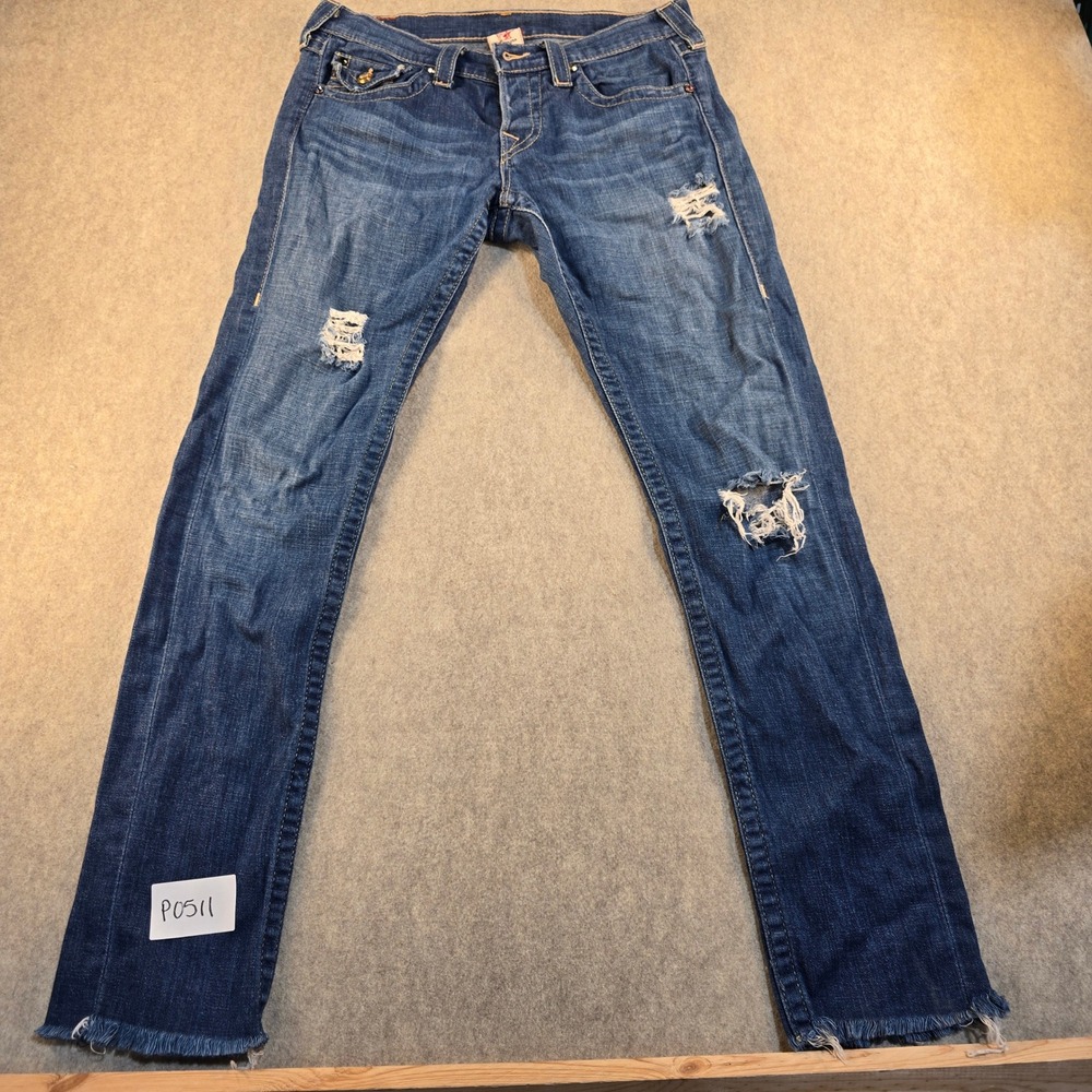 True‎ Religion Distressed Rhinestone Low Rise Jeans Made in USA Blue Denim Sz 27